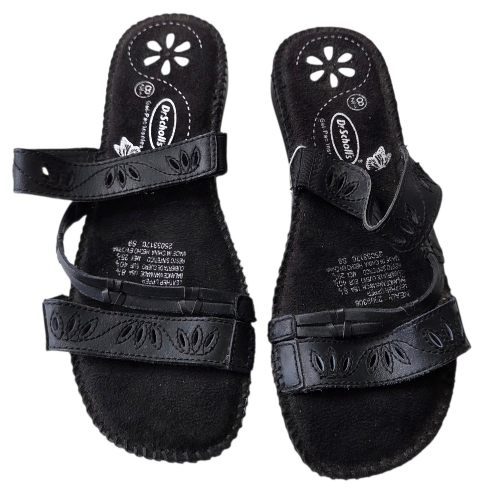 Vtg Dr Scholl's Womens Black Gel Pack Insoles Leather Slid On Sandals SZ 8.5